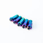 Five Racebox neo chrome forged steel racing lug nuts lined up showing iridescent finish