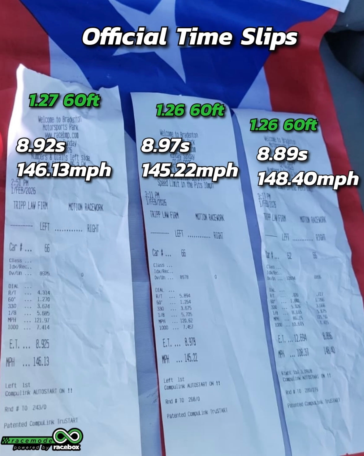 Qzilla official drag strip time slips showing 8.89 second quarter mile run