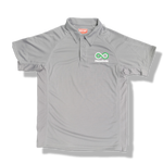Grey Racebox polo shirt with embroidered green infinity logo flat lay view