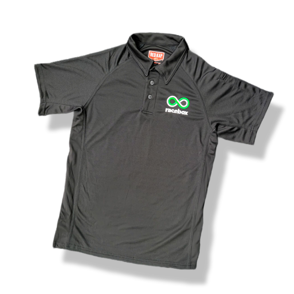 Dark charcoal Racebox polo shirt with embroidered green infinity logo on chest
