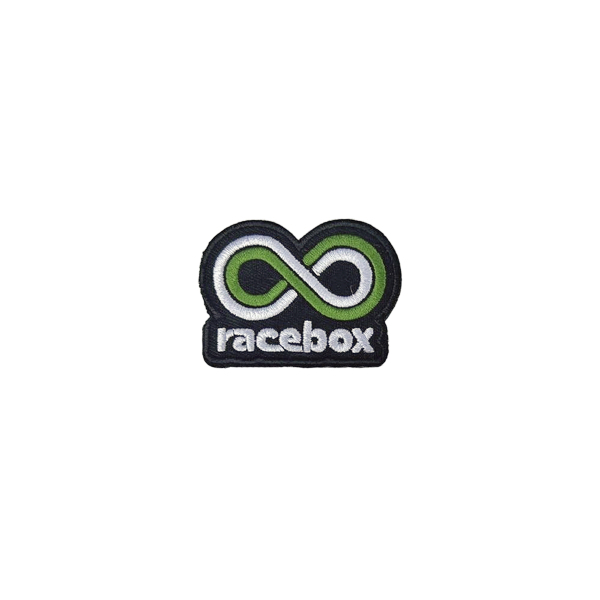 Racebox embroidered velcro patch with green and white infinity logo close-up