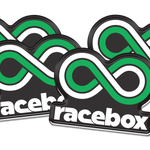 Four Racebox green infinity logo domed decals arranged together