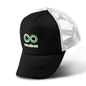 Black and white Racebox trucker hat with embroidered green infinity logo